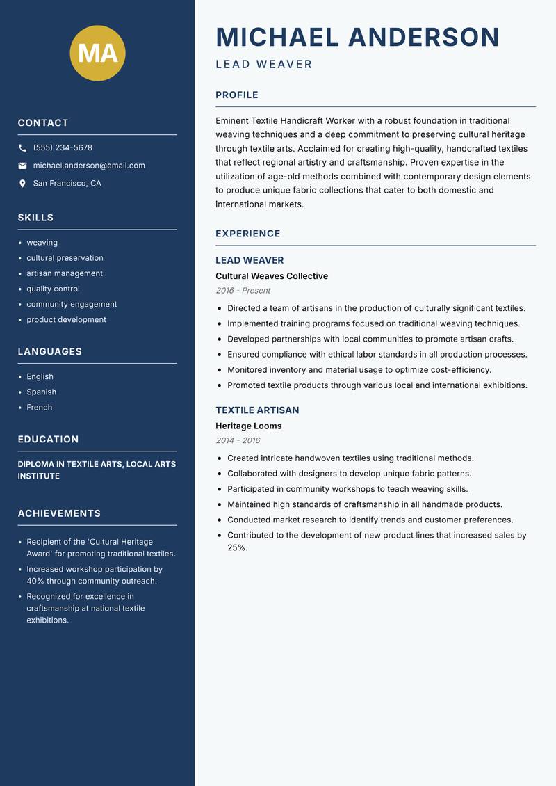 Textile Handicraft Worker resume sample — Lead Weaver focus