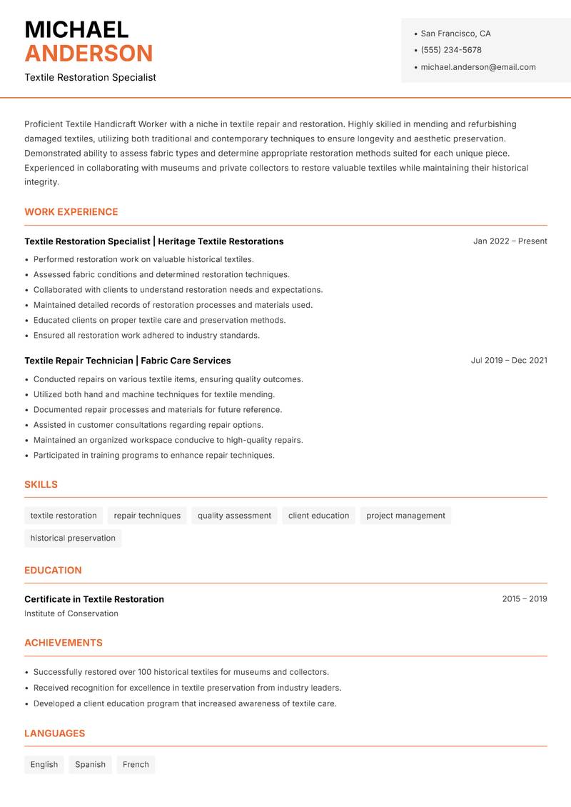 Textile Handicraft Worker resume sample — Textile Restoration Specialist focus
