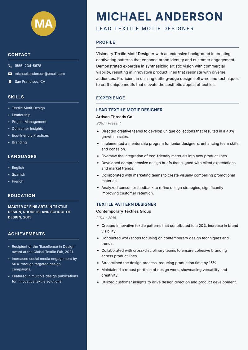Textile Motif Designer resume sample — Lead Textile Motif Designer focus