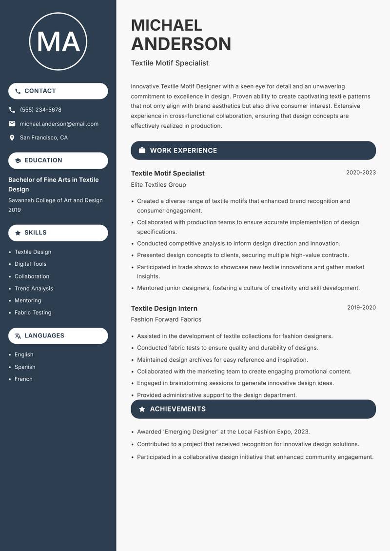Textile Motif Designer resume sample — Textile Motif Specialist focus