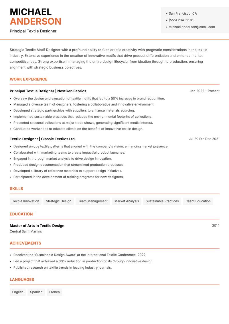 Textile Motif Designer resume sample — Principal Textile Designer focus