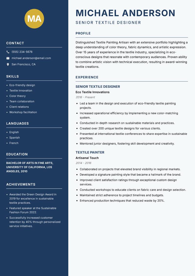 Textile Painting Artisan resume sample — Senior Textile Designer focus