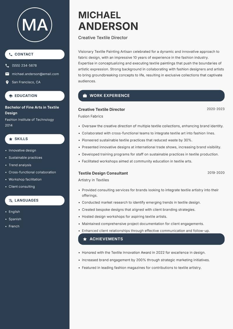Textile Painting Artisan resume sample — Creative Textile Director focus