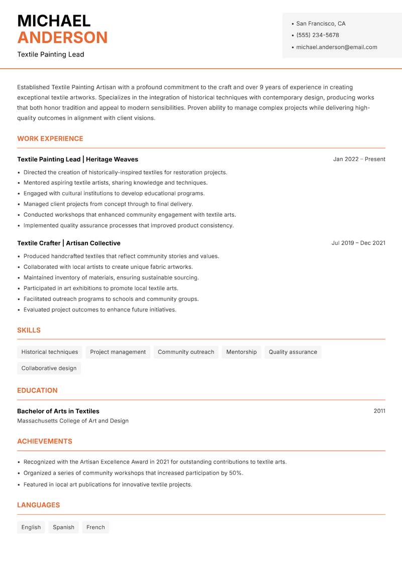 Textile Painting Artisan resume sample — Textile Painting Lead focus