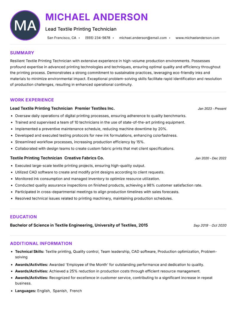 Textile Printing Technician resume example