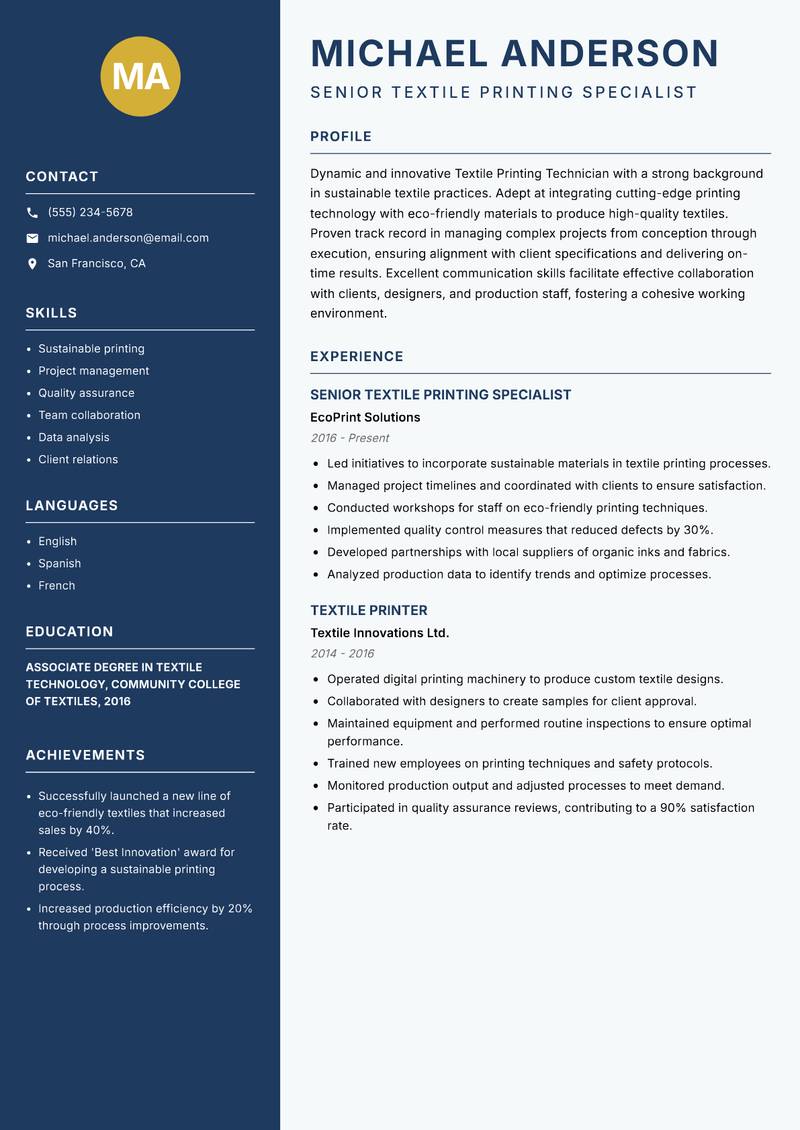 Textile Printing Technician resume sample — Senior Textile Printing Specialist focus