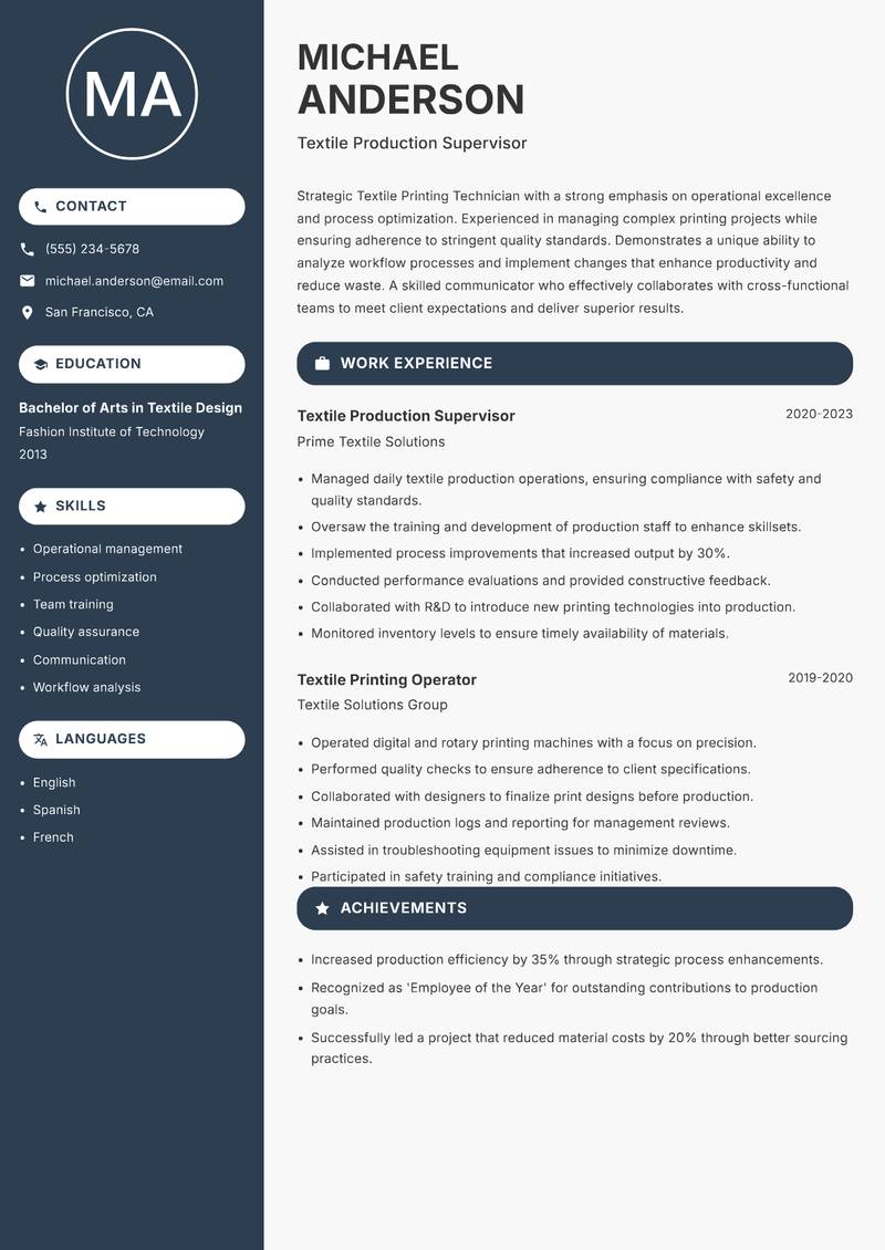 Textile Printing Technician resume sample — Textile Production Supervisor focus