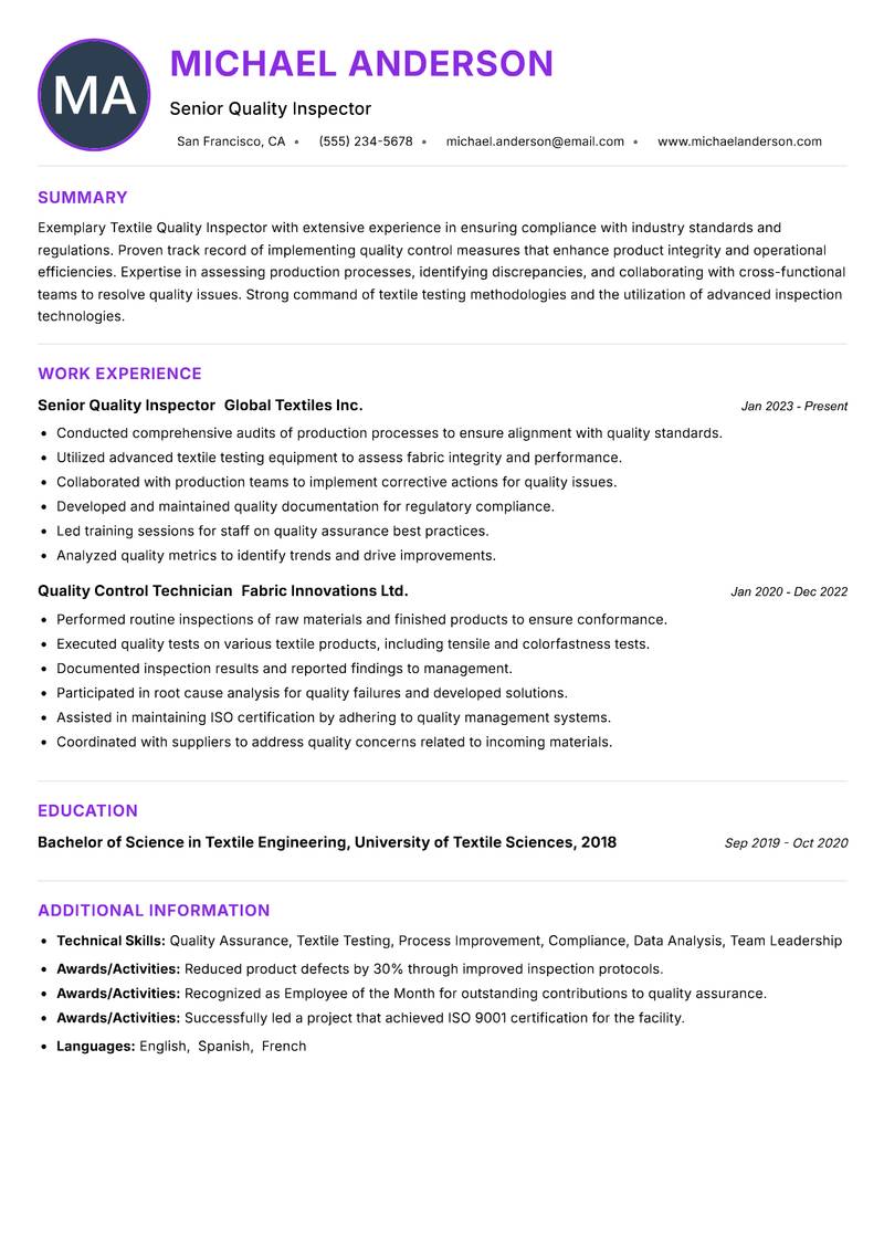 Textile Quality Inspector resume example