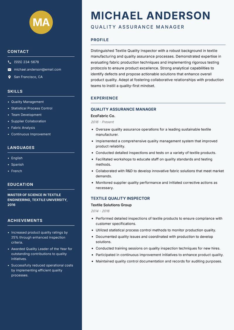 Textile Quality Inspector resume sample — Quality Assurance Manager focus