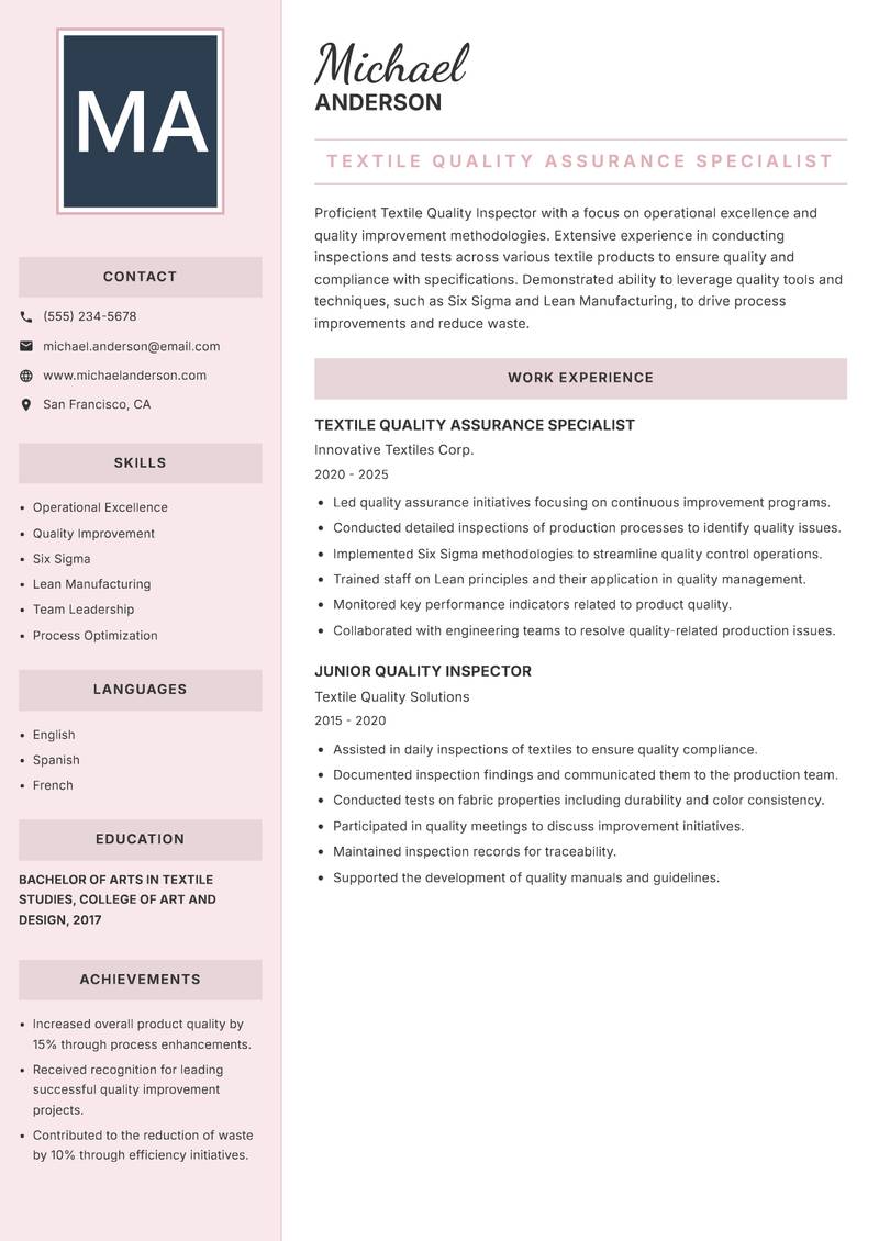 Textile Quality Inspector resume sample — Textile Quality Assurance Specialist focus