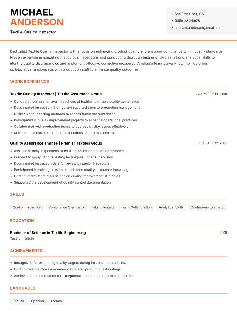 Textile Quality Inspector resume sample — Textile Quality Inspector focus