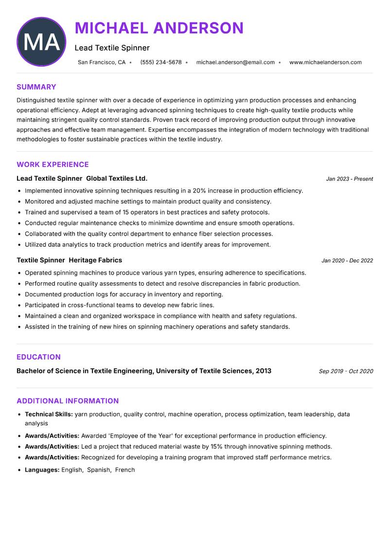 Textile Spinner resume example