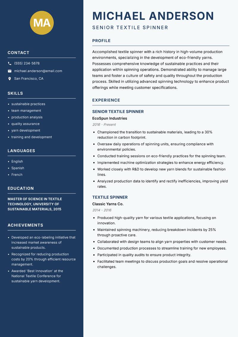 Textile Spinner resume sample — Senior Textile Spinner focus
