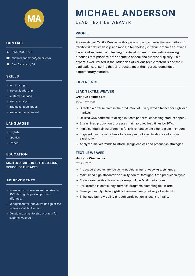 Textile Weaver resume sample — Lead Textile Weaver focus