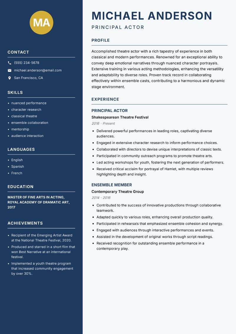 Theatre Actor resume sample — Principal Actor focus