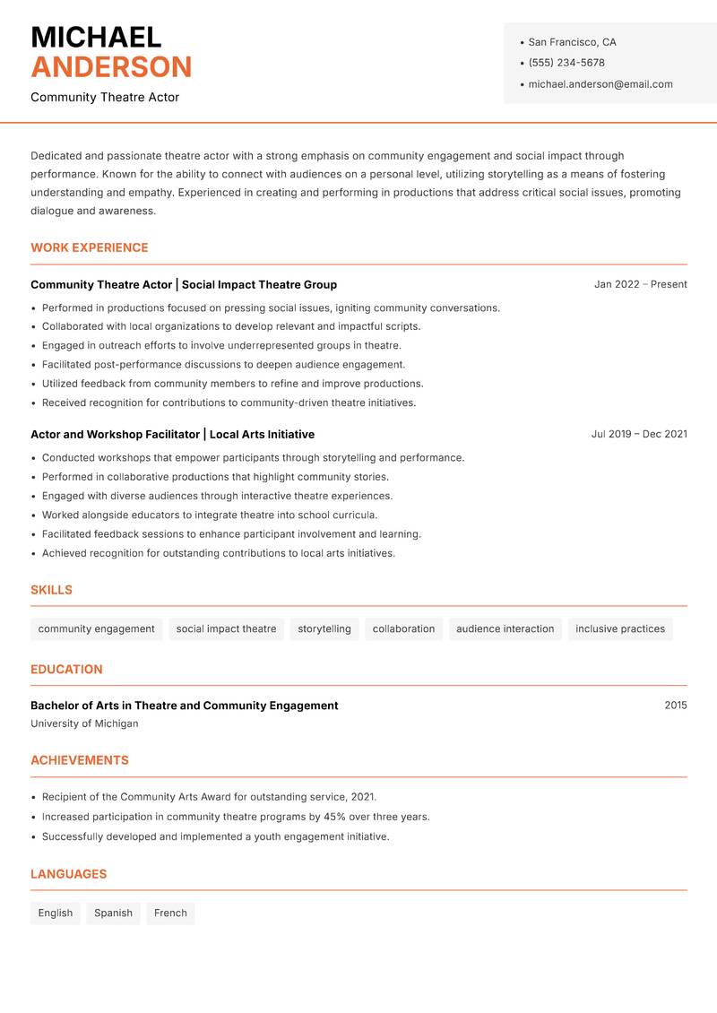 Theatre Actor resume sample — Community Theatre Actor focus