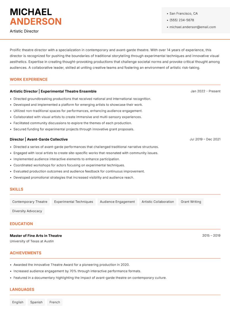 Theatre Director resume sample — Artistic Director focus