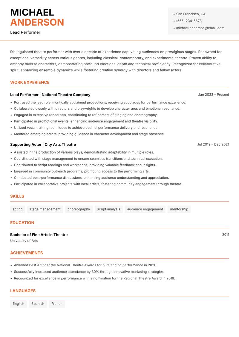 Theatre Performer resume sample — Lead Performer focus