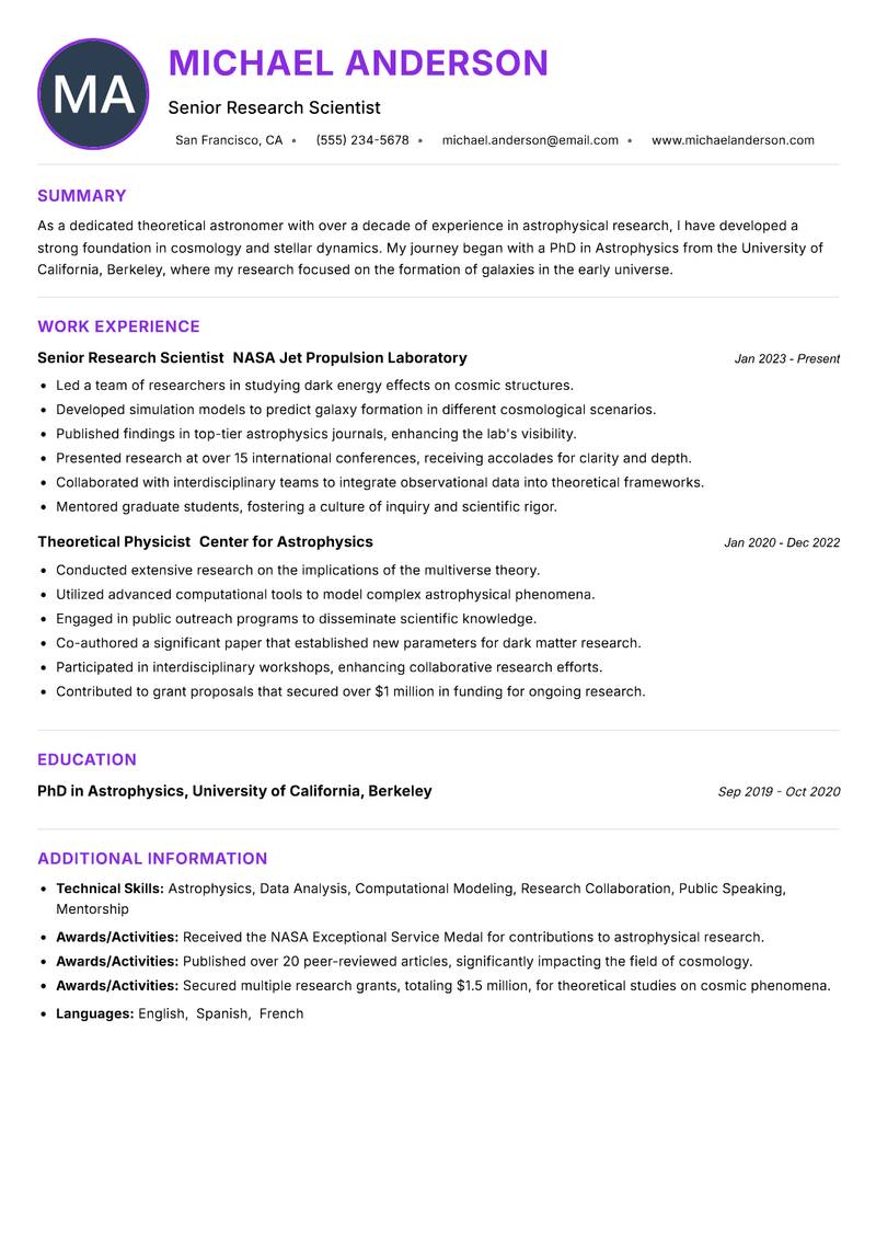 Theoretical Astronomer resume example
