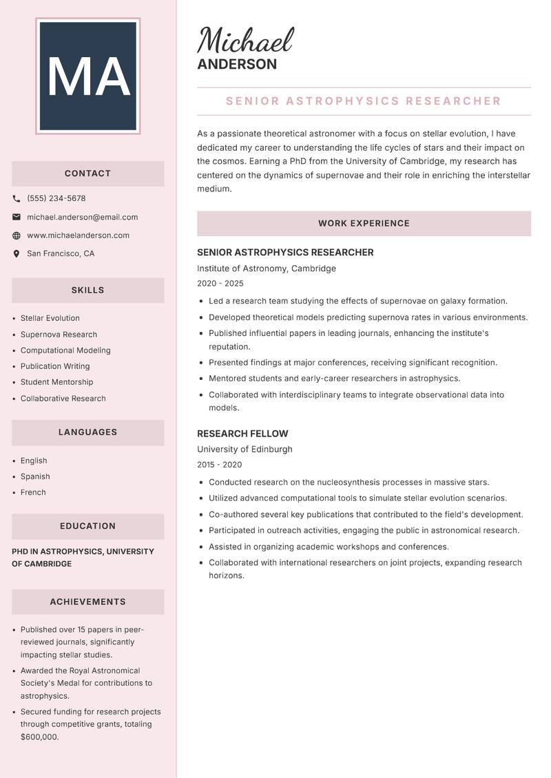 Theoretical Astronomer resume sample — Senior Astrophysics Researcher focus