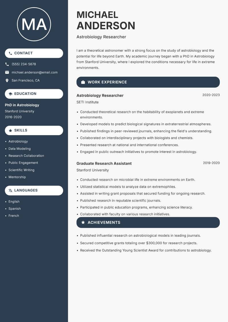 Theoretical Astronomer resume sample — Astrobiology Researcher focus