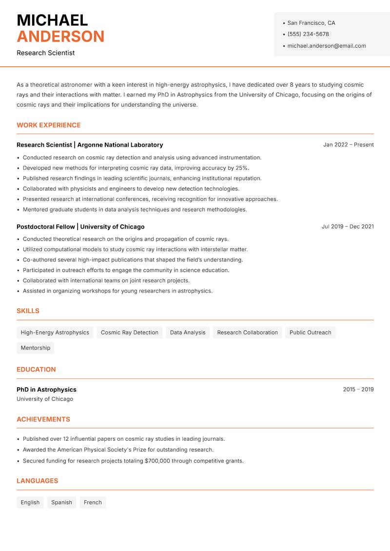 Theoretical Astronomer resume sample — Research Scientist focus