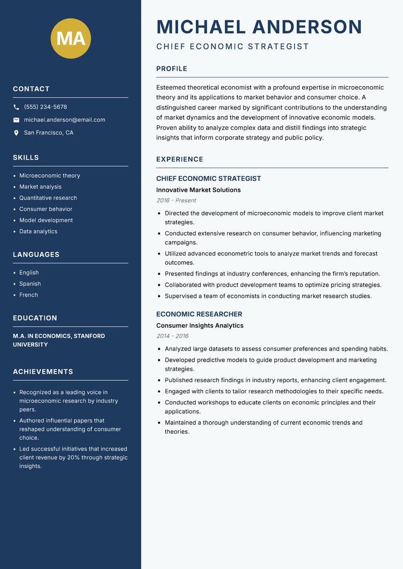 Theoretical Economist resume sample — Chief Economic Strategist focus