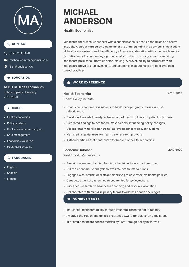Theoretical Economist resume sample — Health Economist focus