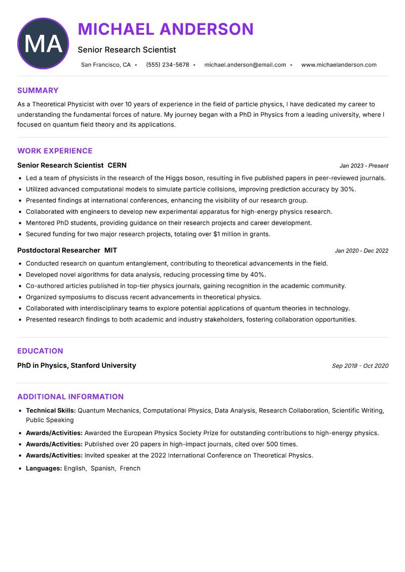 Theoretical Physicist resume example