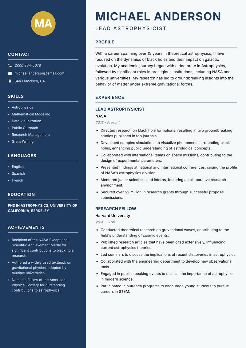 Theoretical Physicist resume sample — Lead Astrophysicist focus
