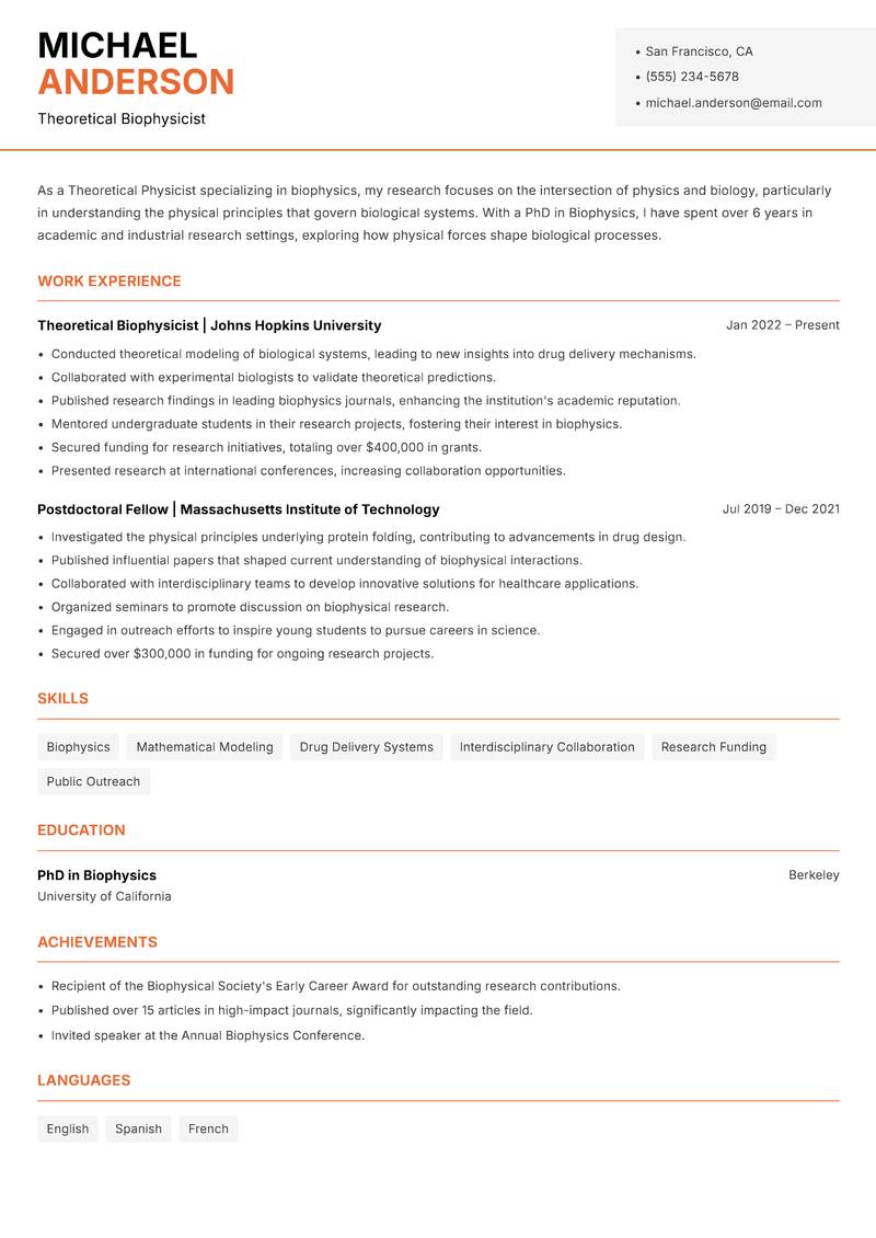 Theoretical Physicist resume sample — Theoretical Biophysicist focus