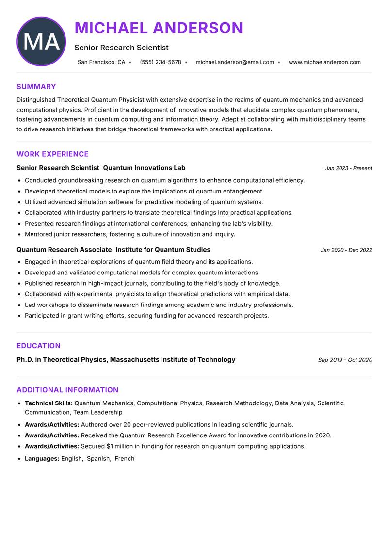 Theoretical Quantum Physicist resume example