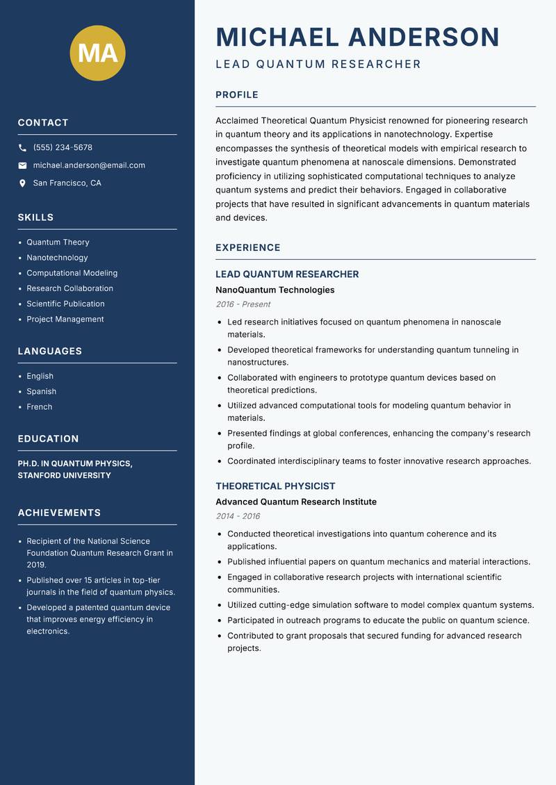 Theoretical Quantum Physicist resume sample — Lead Quantum Researcher focus