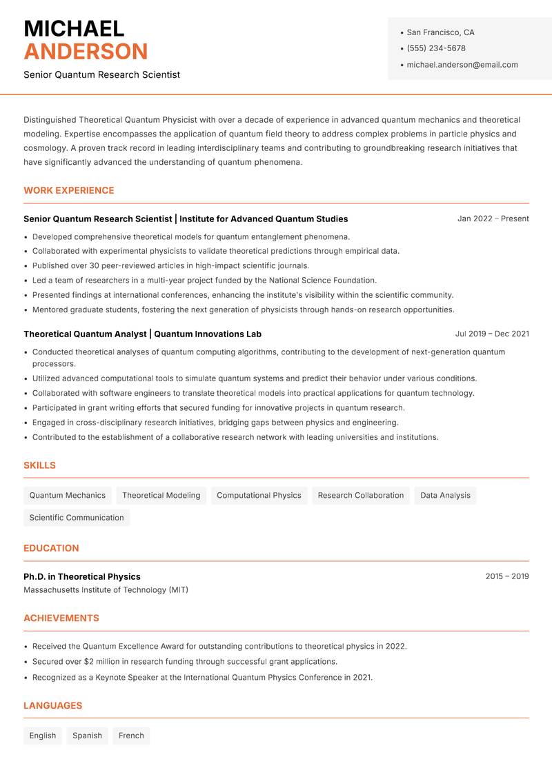 Theoretical Quantum Physicist resume sample — Senior Quantum Research Scientist focus