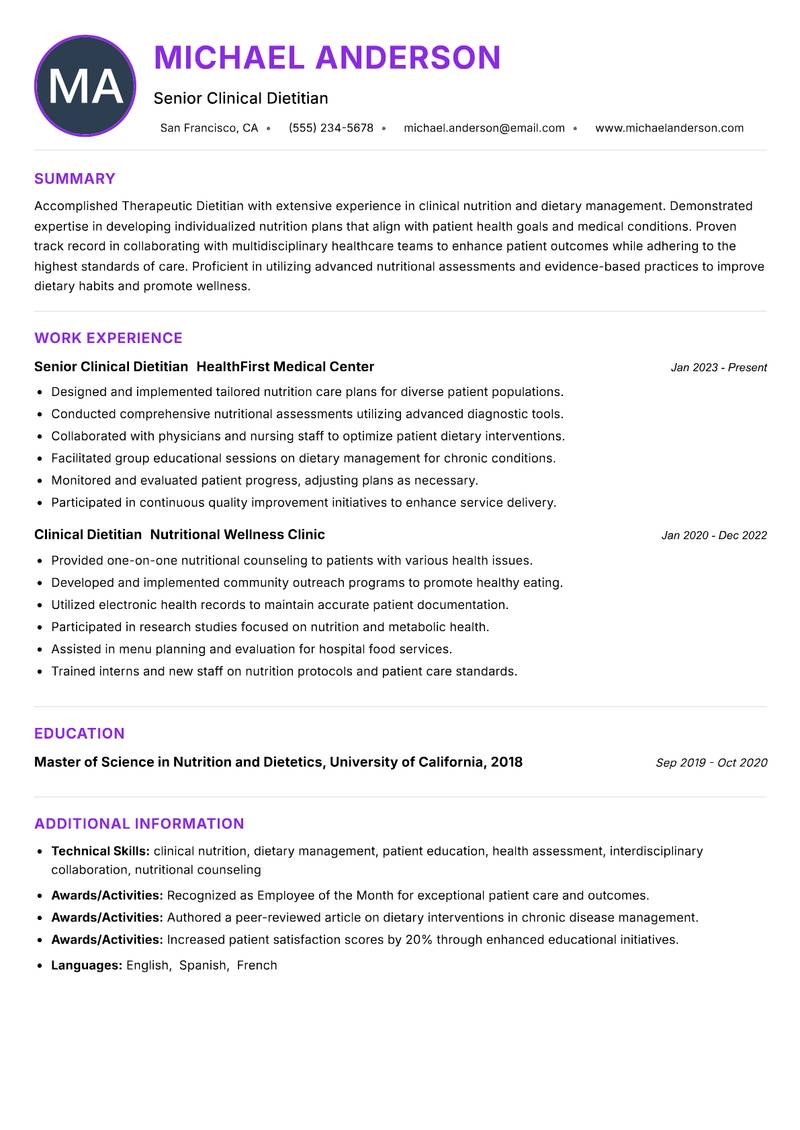 Therapeutic Dietitian resume example