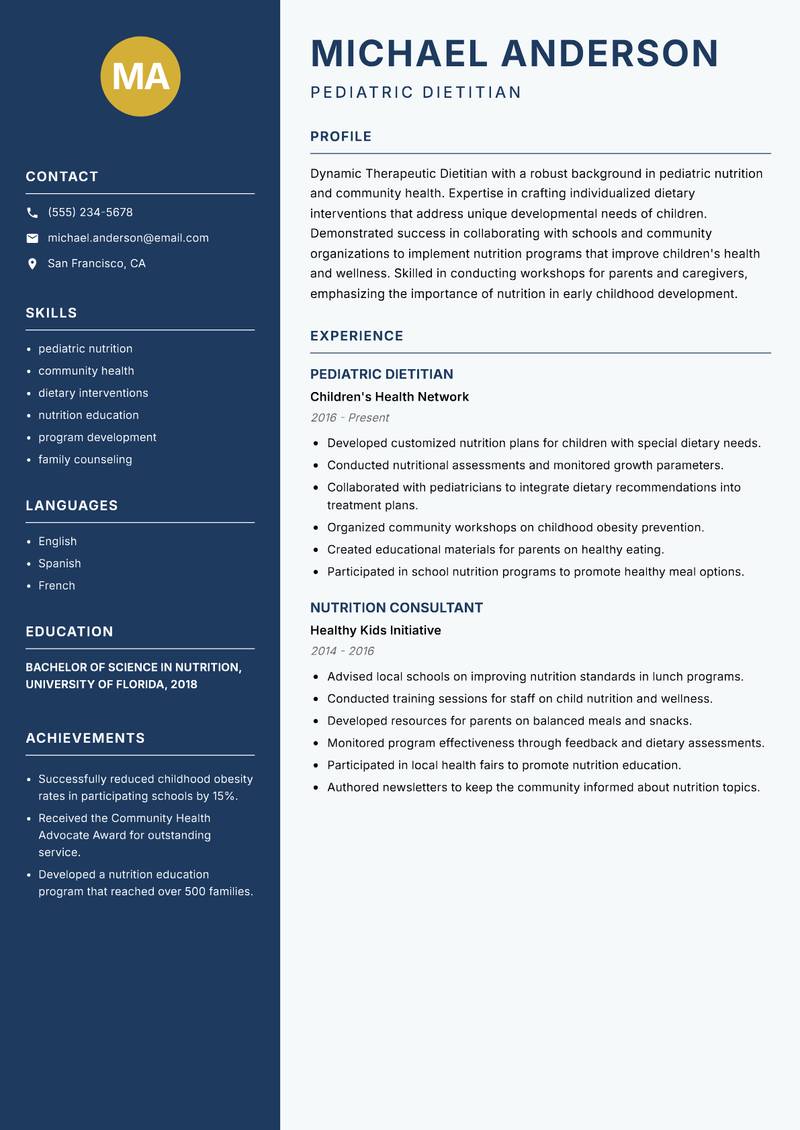 Therapeutic Dietitian resume sample — Pediatric Dietitian focus