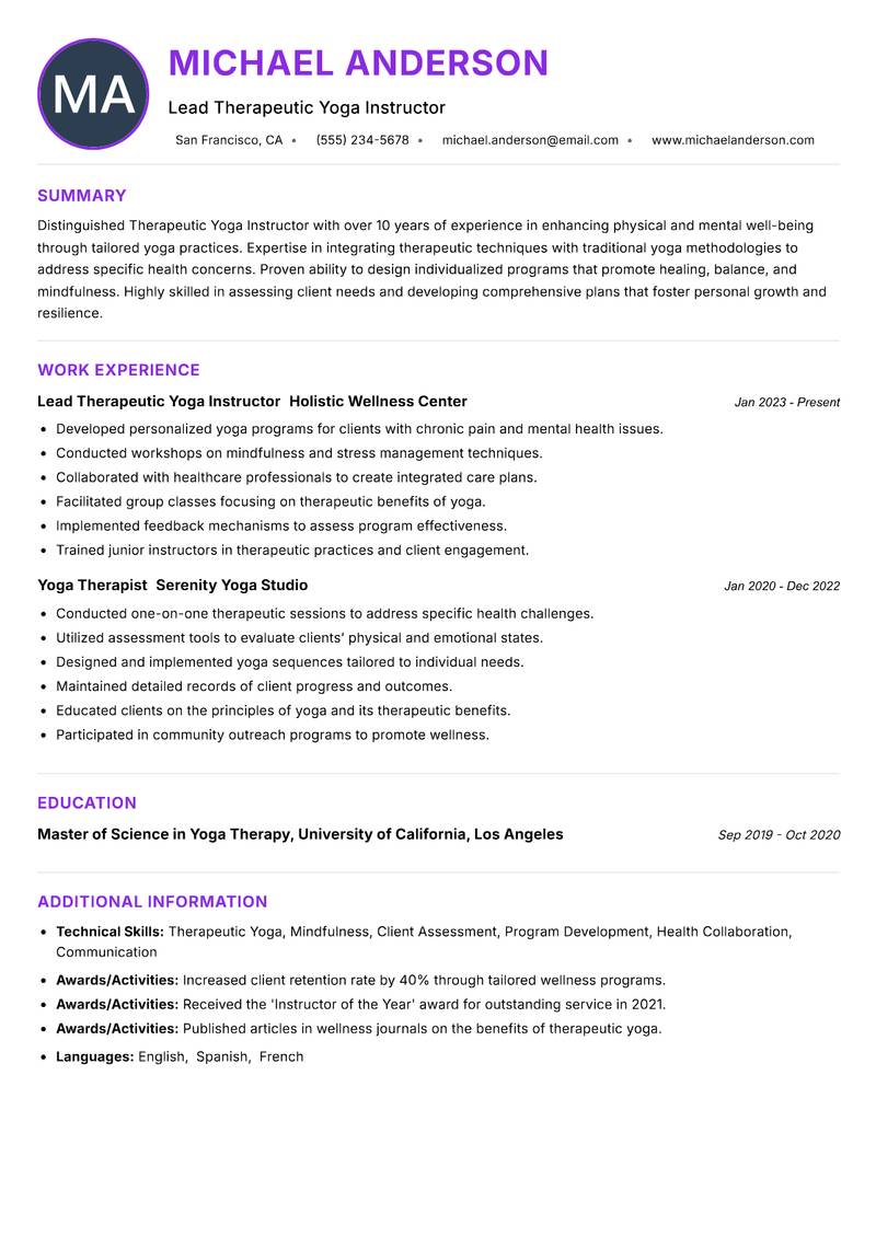 Therapeutic Yoga Instructor resume example