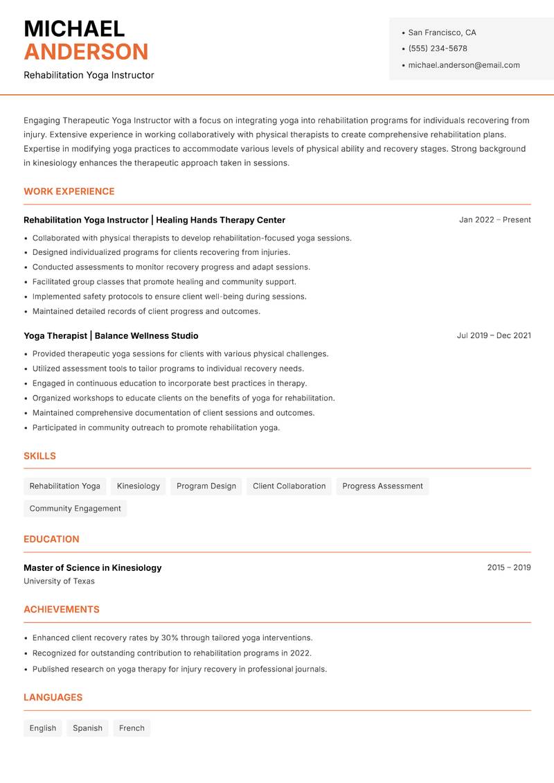 Therapeutic Yoga Instructor resume sample — Rehabilitation Yoga Instructor focus