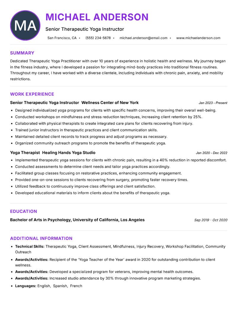 Therapeutic Yoga Practitioner resume example
