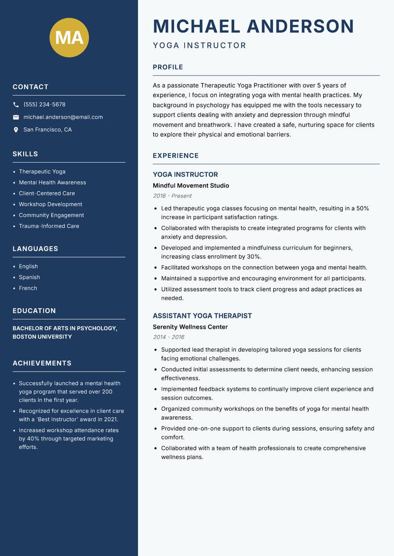Therapeutic Yoga Practitioner resume sample — Yoga Instructor focus