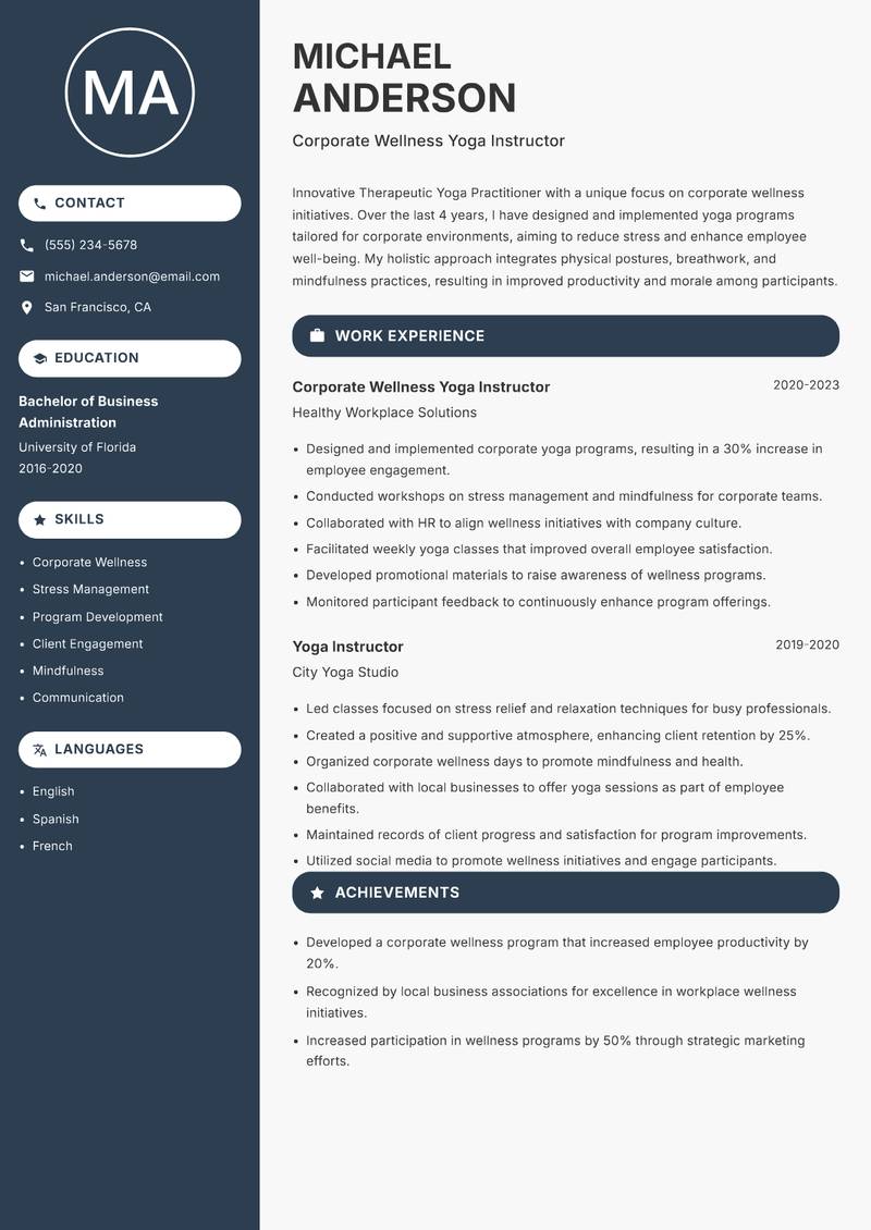 Therapeutic Yoga Practitioner resume sample — Corporate Wellness Yoga Instructor focus