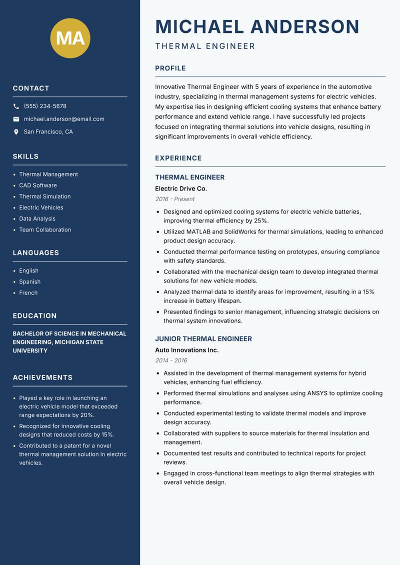 Thermal Engineer resume sample — Thermal Engineer focus