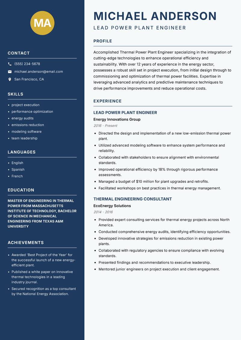 Thermal Power Plant Engineer resume sample — Lead Power Plant Engineer focus