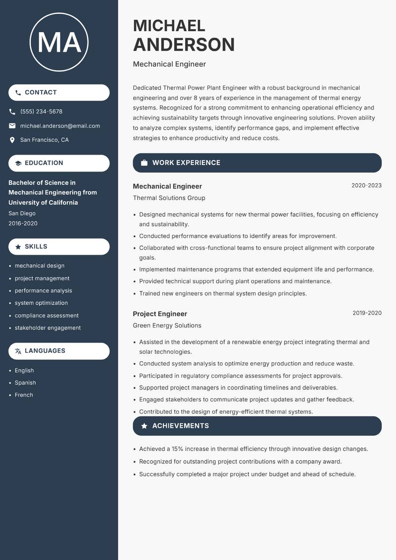 Thermal Power Plant Engineer resume sample — Mechanical Engineer focus
