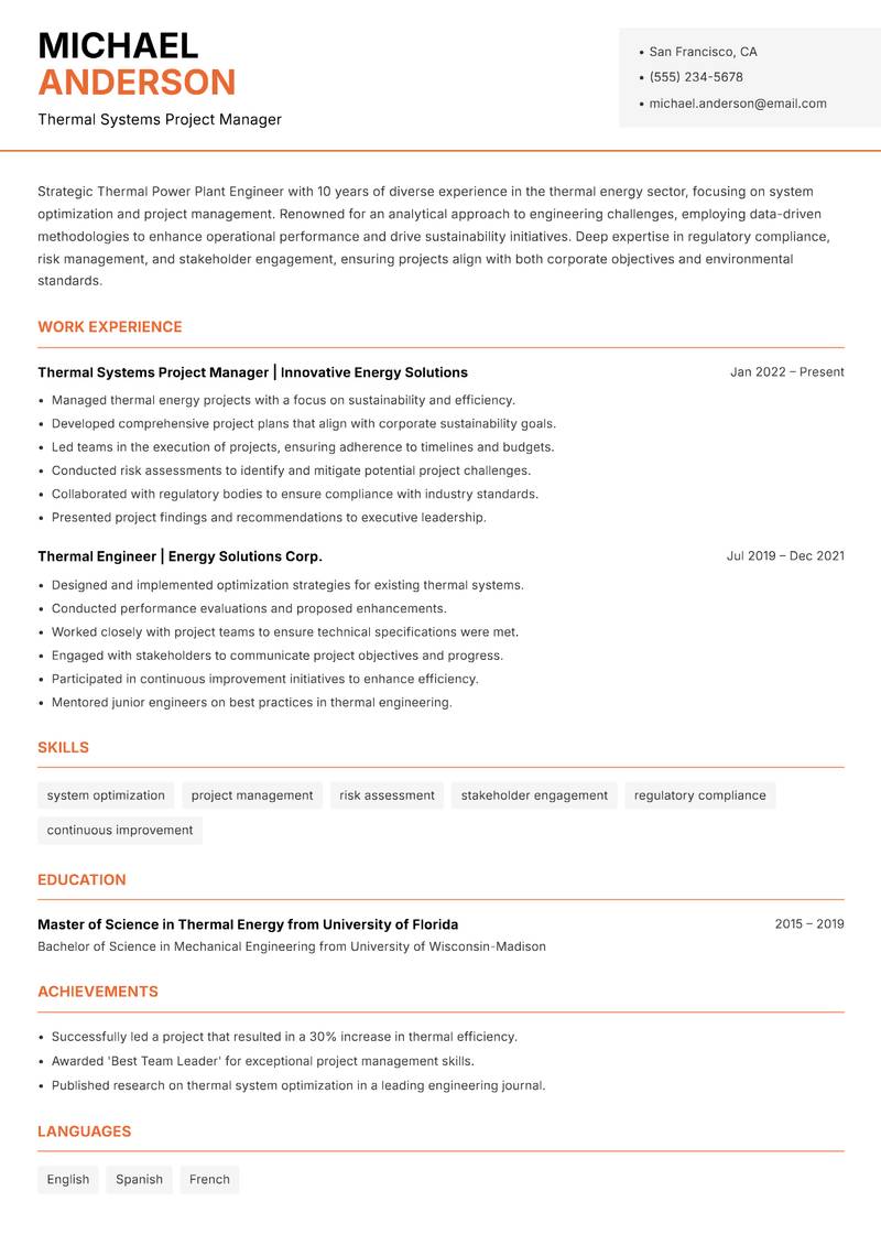 Thermal Power Plant Engineer resume sample — Thermal Systems Project Manager focus