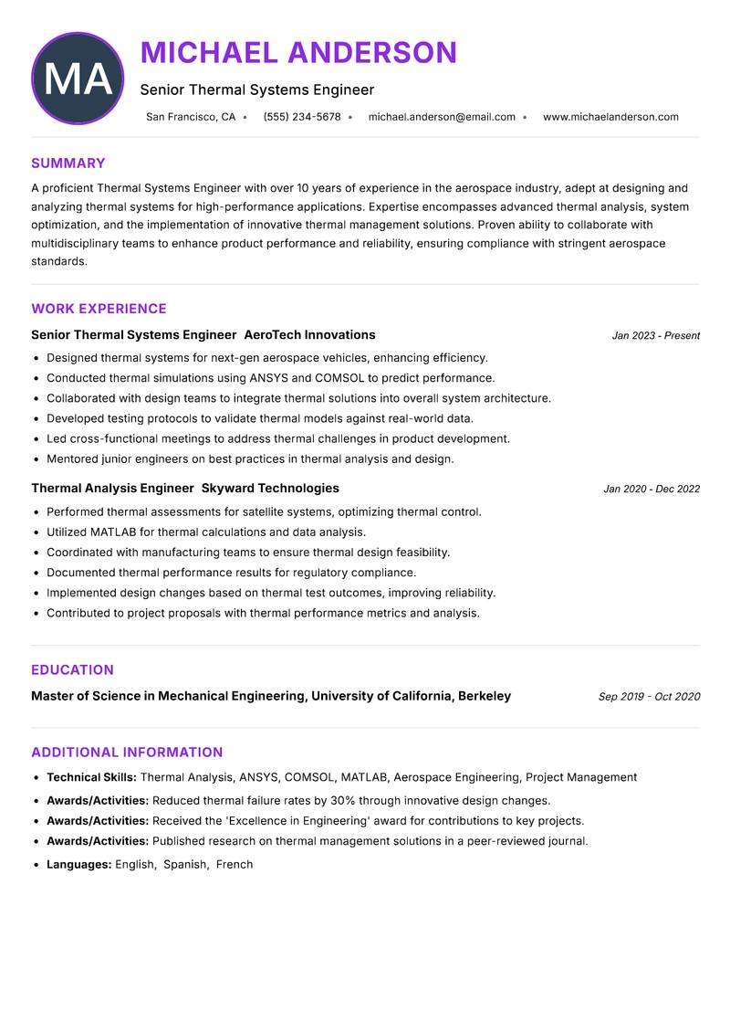 Thermal Systems Engineer resume example