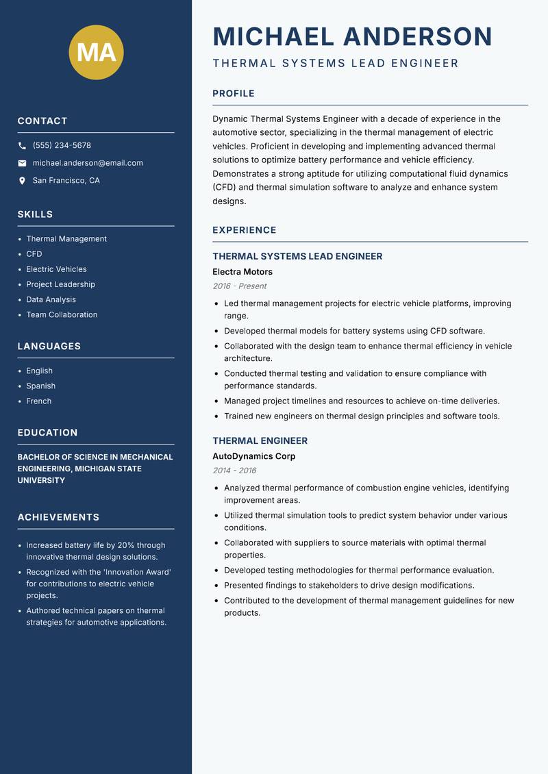 Thermal Systems Engineer resume sample — Thermal Systems Lead Engineer focus