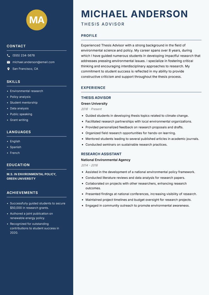 Thesis Advisor resume sample — Thesis Advisor focus