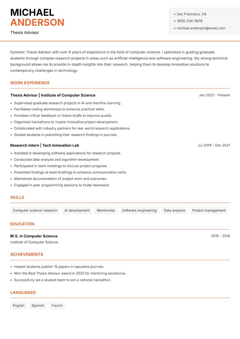 Thesis Advisor resume sample — Thesis Advisor focus