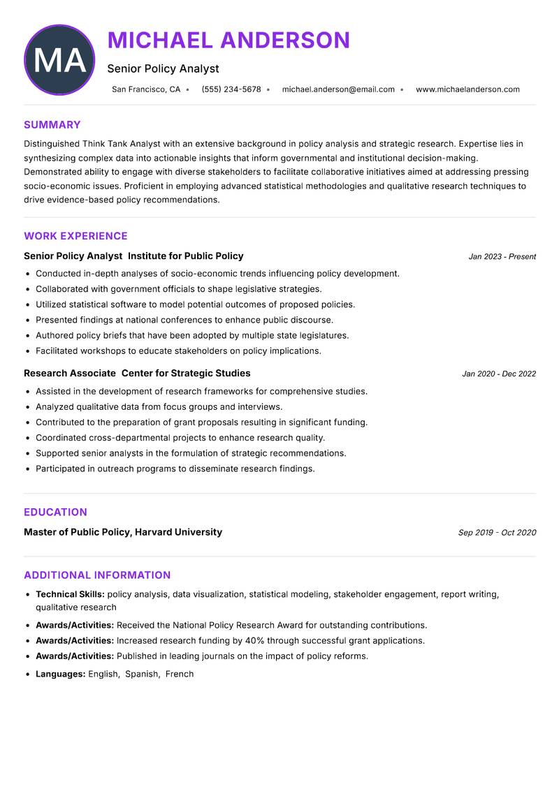 Think Tank Analyst resume example